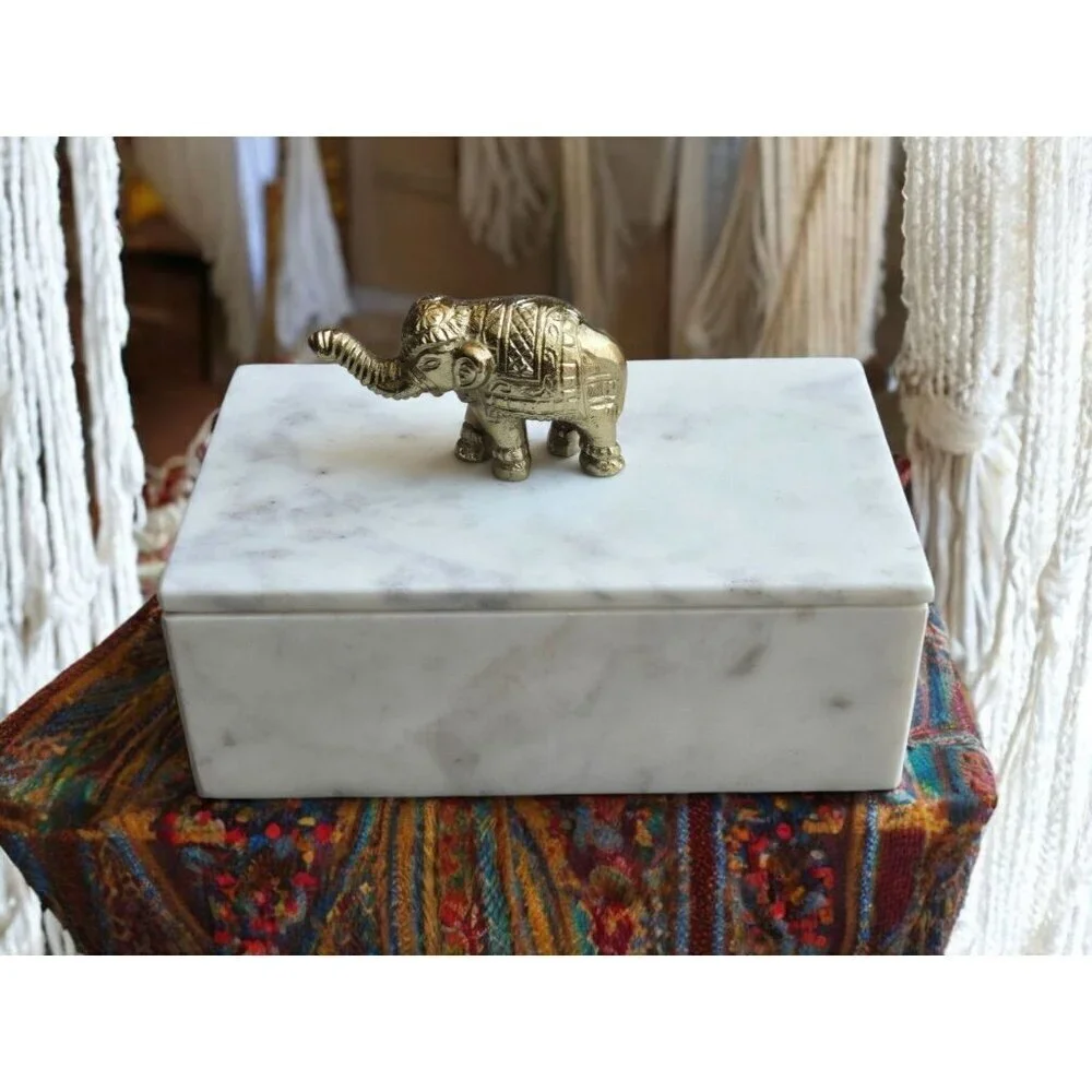 New White Marble BOHO Jungle Accessories Jewelry Trinket Storage W/ Elephant